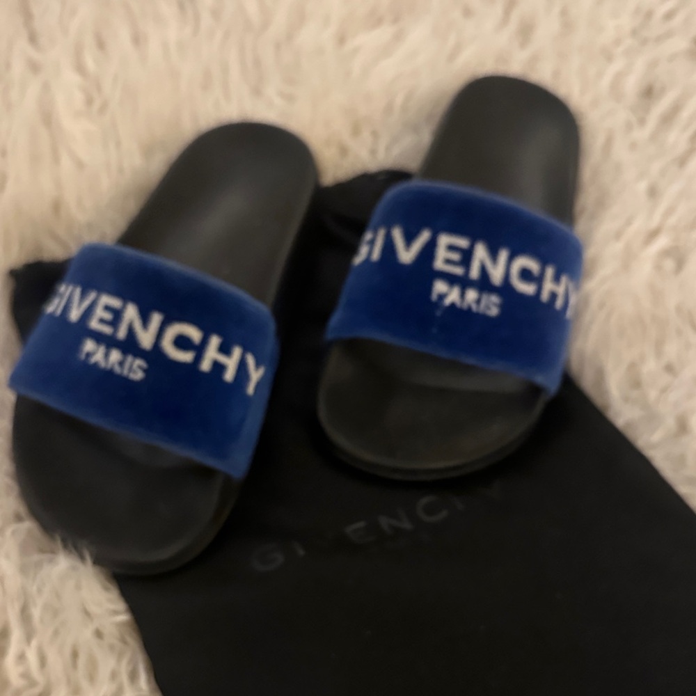 Givenchy Royal Blue Velvet Logo Slides
